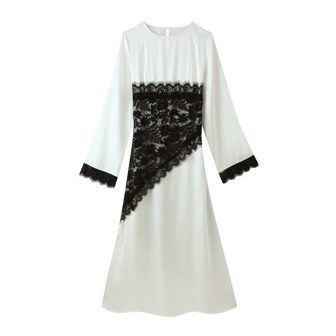 Women Mididress with Asymmetric Lace Trimming and Bell Sleeves Mune Fashion