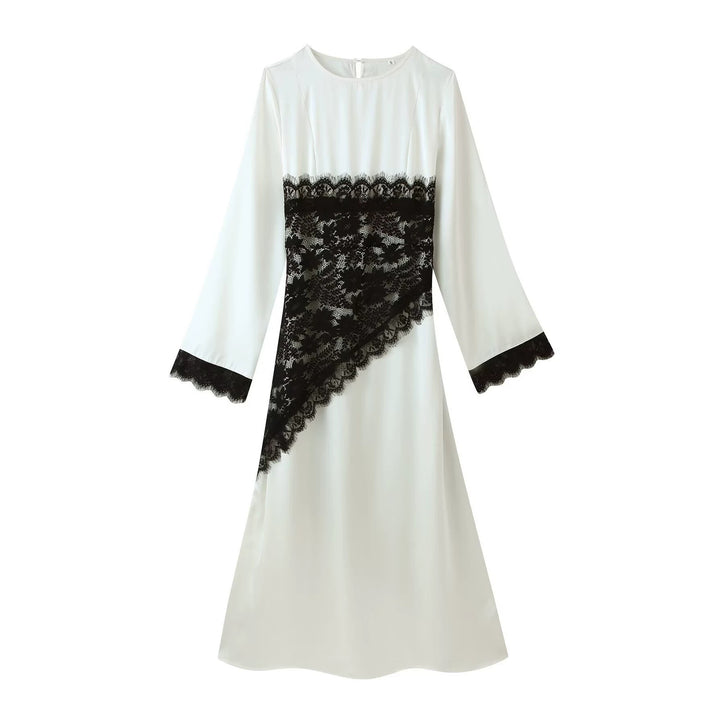 Women Mididress with Asymmetric Lace Trimming and Bell Sleeves Mune Fashion