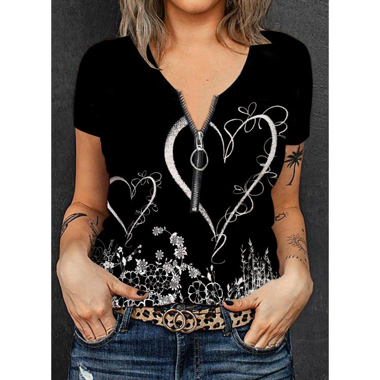 Ladies V-neck T-shirt with floral pattern and zipper Mune Fashion