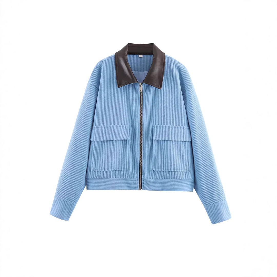 Women's cord jacket with leather collar, full-length zipper and flap pockets Mune Fashion