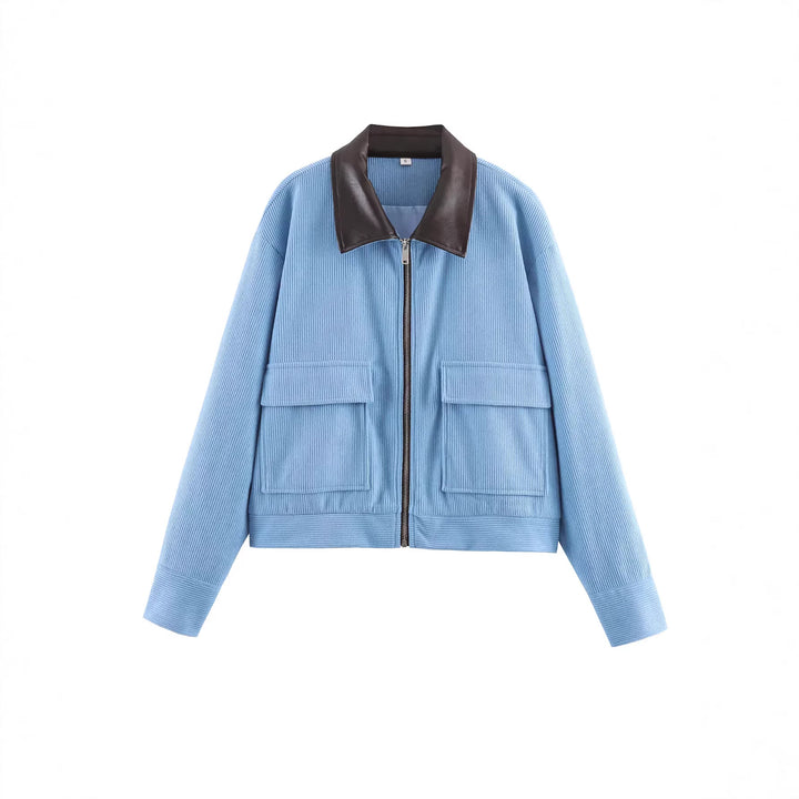 Women's cord jacket with leather collar, full-length zipper and flap pockets Mune Fashion