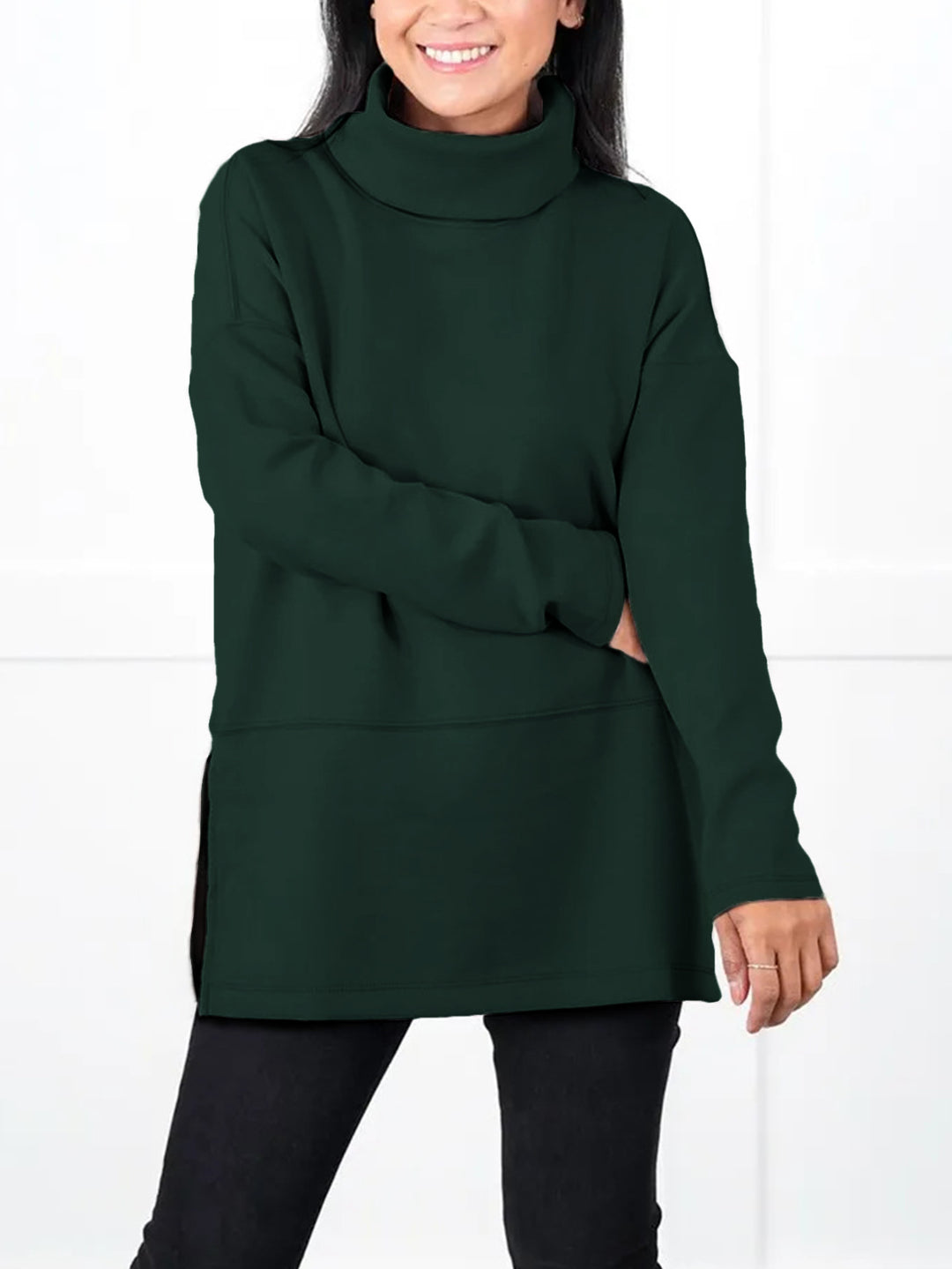 Women's Oversize Sweat Tunic with High Roll Neck, Side Slits and Extended Hem Mune Fashion