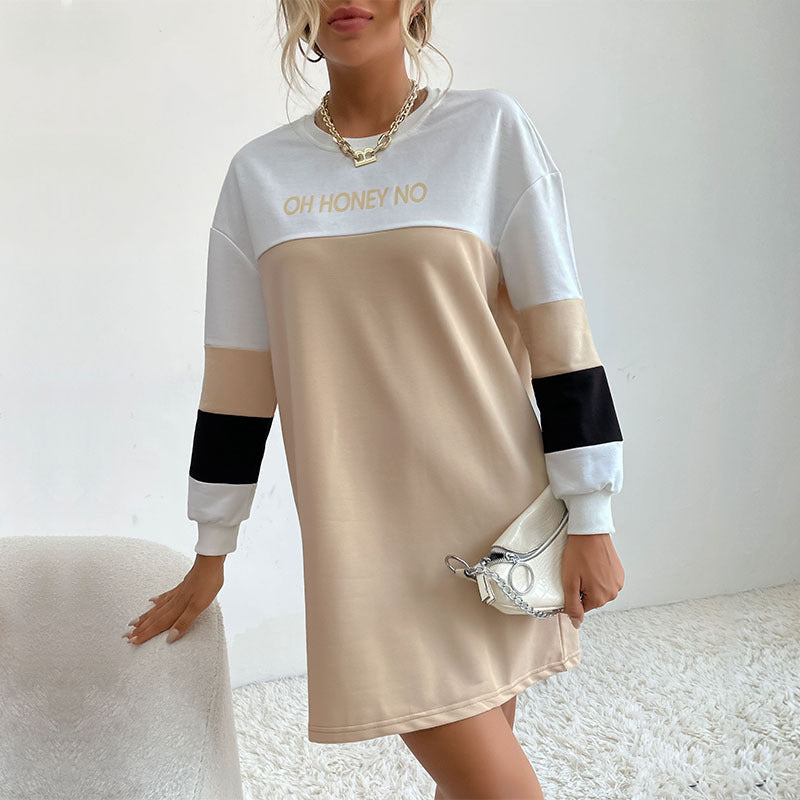 Women's Oversize Sweatshirt Dress with Color Block Sleeves and Statement Print Mune Fashion