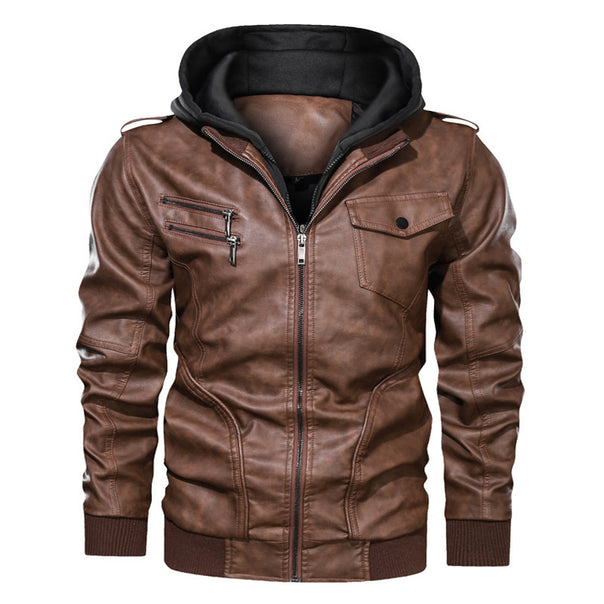 Men's Hooded Faux Leather Biker Jacket with Zipper, Chest Pockets and Ribbed Cuffs Mune Fashion