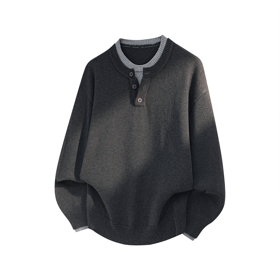 Unisex Oversize Knit Sweater with Henley Button Placket and Contrasting Inner Collar Mune Fashion