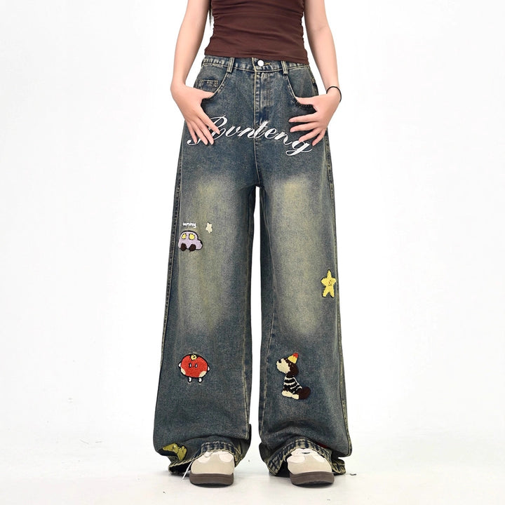 Women's Wide Cut Costume Jeans with Colorful Embroidery Design Mune Fashion