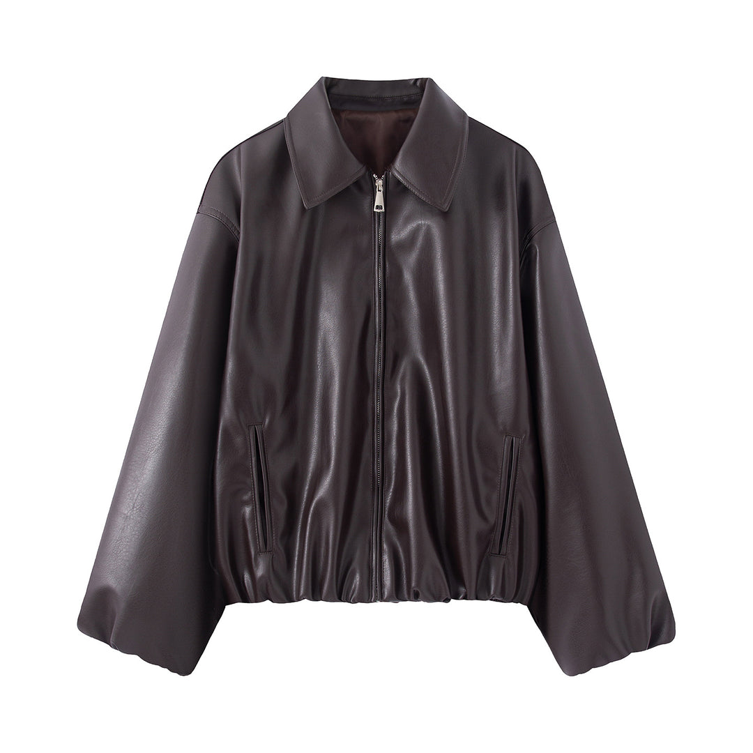 Women's Nan Kastiger Oversized Faux Leather Blouson with Shirt Collar, Hidden Zipper, Concealed Pocket, and Elastic Hem Mune Fashion