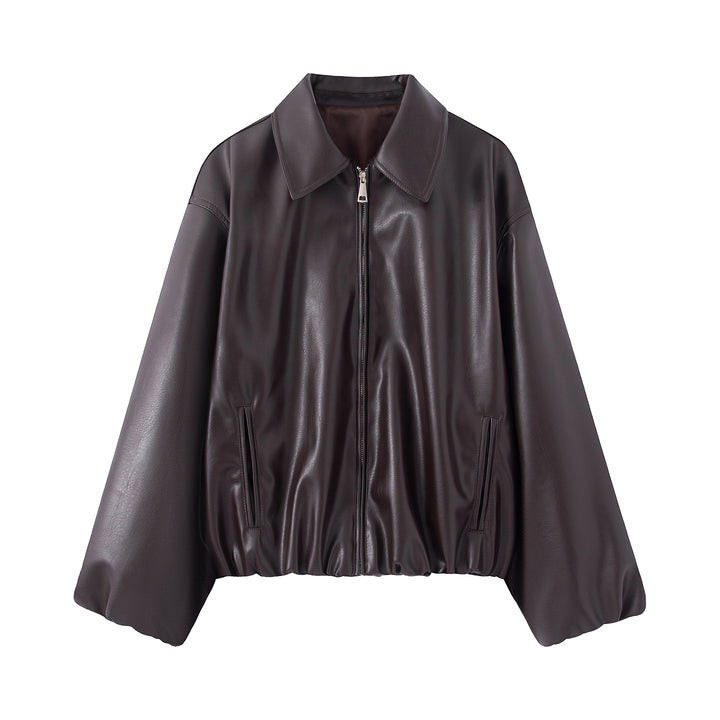 Women's Nan Kastiger Oversized Faux Leather Blouson with Shirt Collar, Hidden Zipper, Concealed Pocket, and Elastic Hem Mune Fashion