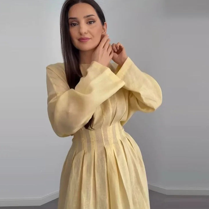 Ladies max dress with pleated bodice pleats, wide skirt and long bell sleeves Mune Fashion