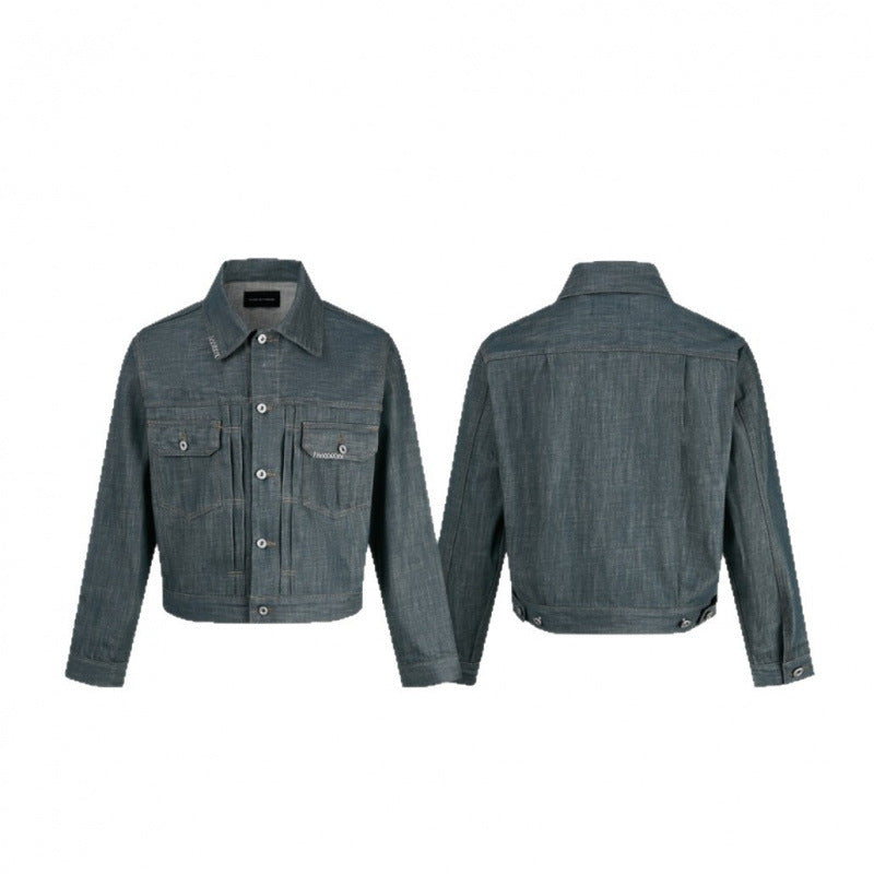 Men's cropped denim jacket with vertical seams, patch pockets, and boxy silhouette Mune Fashion