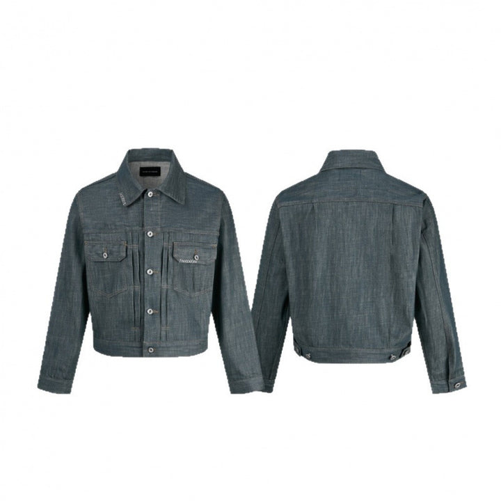 Men's cropped denim jacket with vertical seams, patch pockets, and boxy silhouette Mune Fashion