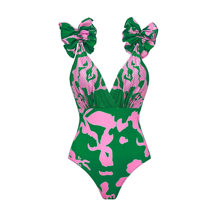 Women's One-Piece Swimsuit with Voluminous Ruffles and Floral Design Mune Fashion