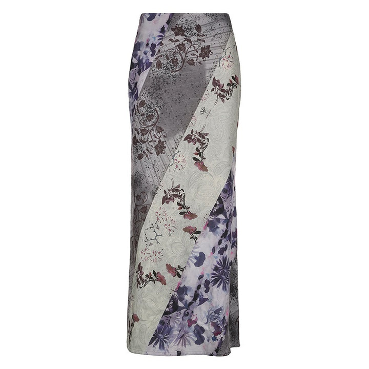 Women's Long Maxi Skirt with Diagonal Patchwork Prints and Slim A-Line Mune Fashion