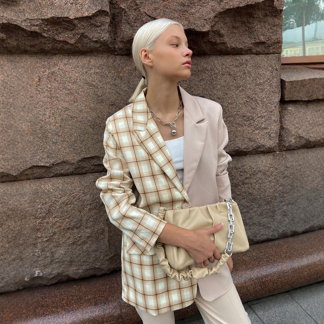 Women's Two-Tone Oversized Blazer with Check Pattern and Notched Lapel Mune Fashion