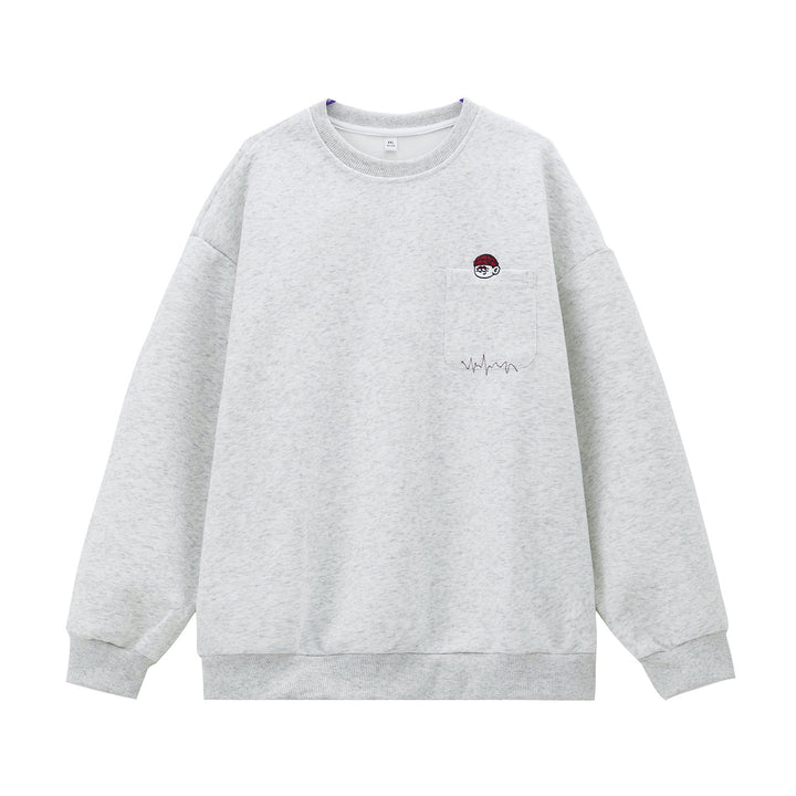 Unisex Oversize Sweatshirt with Chest Pocket, Cartoon Embroidery and Heartbeat Detail Mune Fashion
