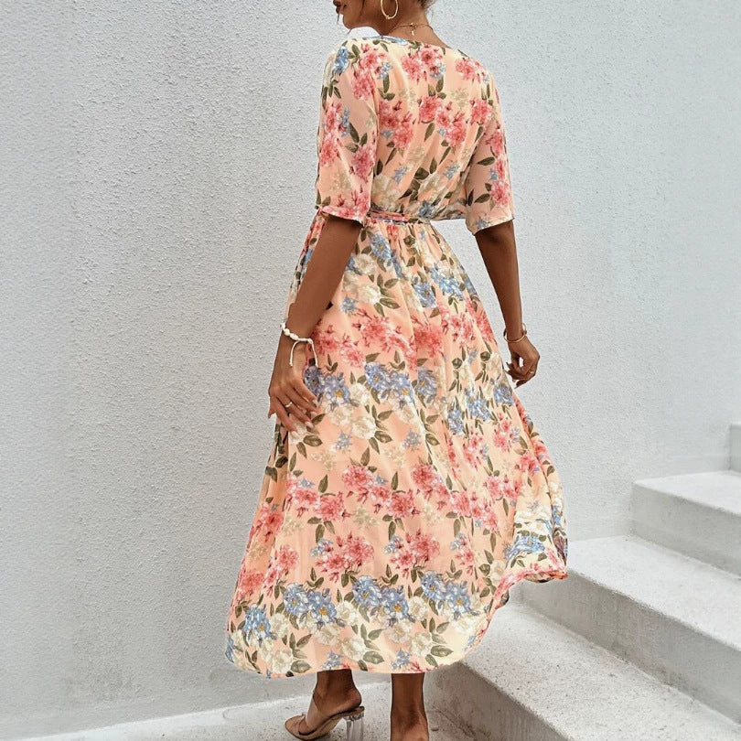 Women's floral V-neck tie dress with fitted belt and side leg slit Mune Fashion