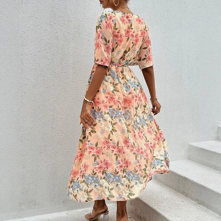 Women's floral V-neck tie dress with fitted belt and side leg slit Mune Fashion