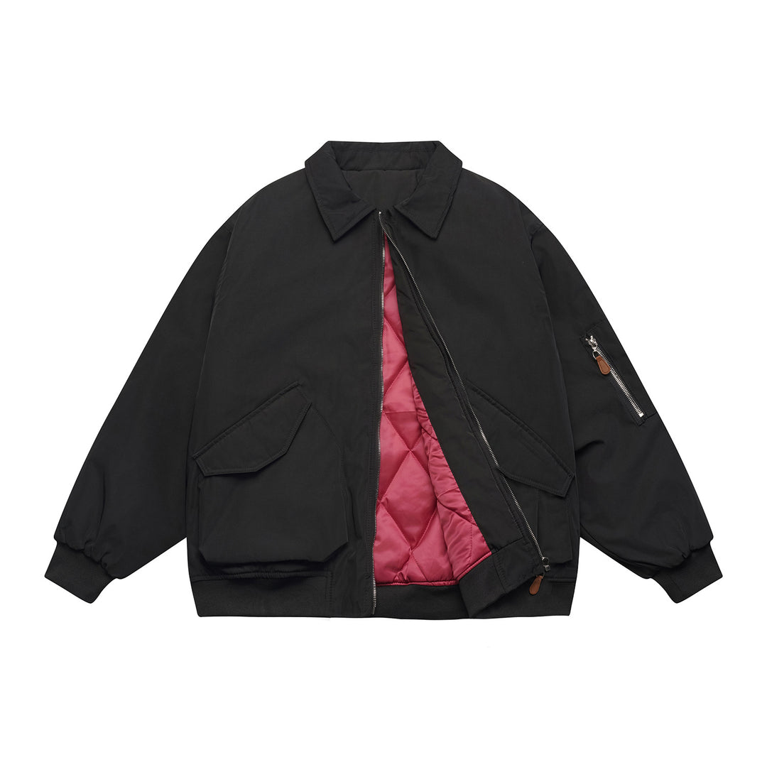 Unisex Short Cut Boxy Bomber Jacket with Quilted Contrast Lining, Utility Patch Pockets and Ribbed Hem Mune Fashion