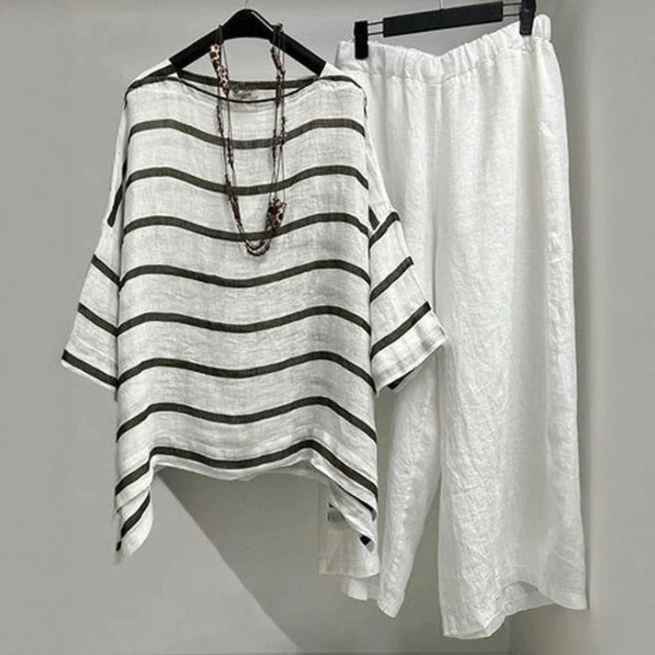 Women's casual linen set with asymmetrical striped blouse and wide elastic waistband pants Mune Fashion
