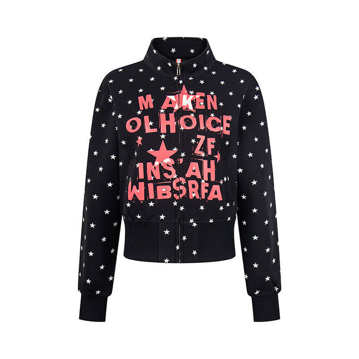 Women's Short Zipper Sweat Jacket with Stand-Up Collar, Allover Star Print and Statement Front Print Mune Fashion