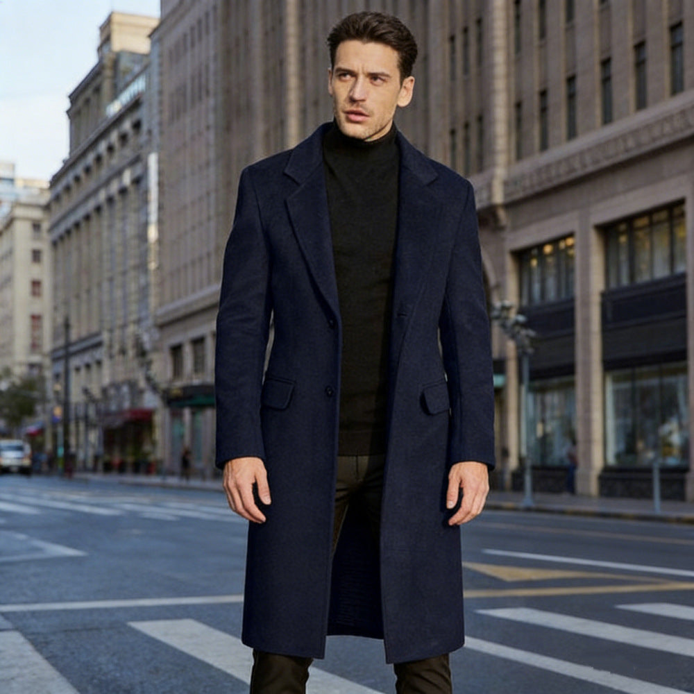 Men's longer tailored wool coat with lapel collar and inner pockets Mune Fashion