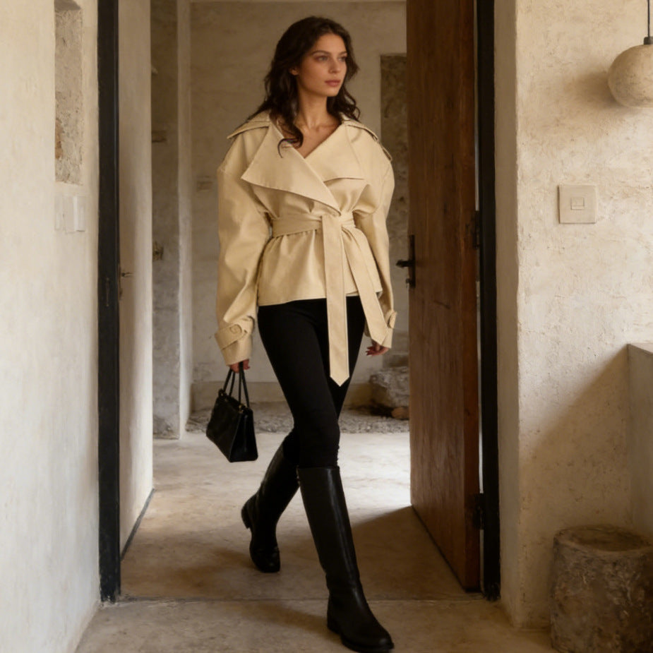 Women's Cropped Trench Coat with Double Button Placket, Waist Belt, and Shoulder Straps Mune Fashion
