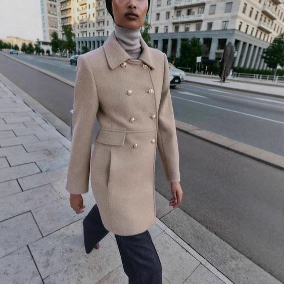 Women Double-breasted Wool Coat with Flared Pleated Skirt and Golden Decorative Buttons Mune Fashion