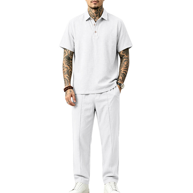 Men's Polo Lounge Set made of lightweight linen blend with short sleeve polo and straight pleat pants Mune Fashion
