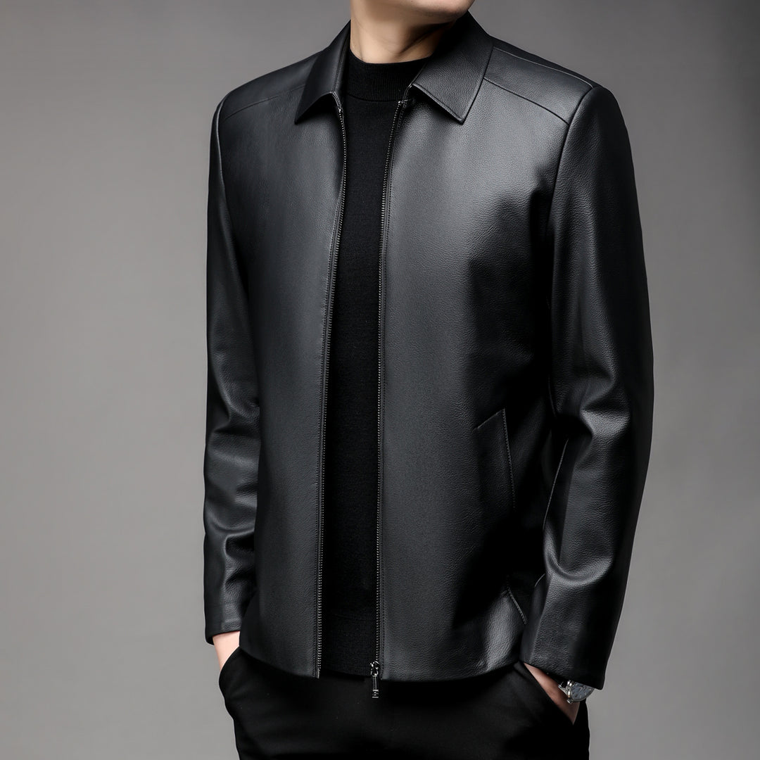Men Smooth Faux Leather Zip Jacket with Shirt Collar and Slim Silhouette Mune Fashion