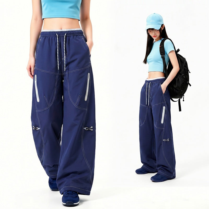 Women's Oversize Tech Lounge Pants with Contrast Seams, Reflective Zipper Pockets & Drawstring Waist Mune Fashion