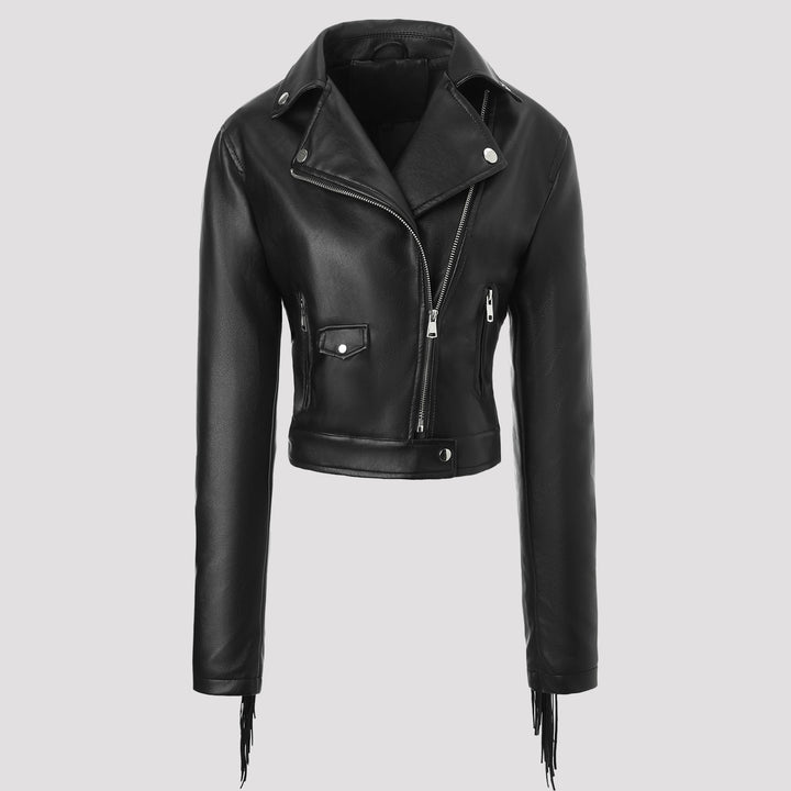 Women's Fashionable Leather Jacket with Fringes Mune Fashion