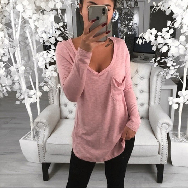 Women's Casual Oversize Tunic with V-Neck, Chest Pocket and Extended Hem Mune Fashion