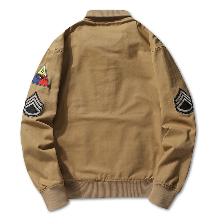 Men's Cotton Canvas Bomber Jacket with Embroidered Patches and Stand-Up Collar Mune Fashion