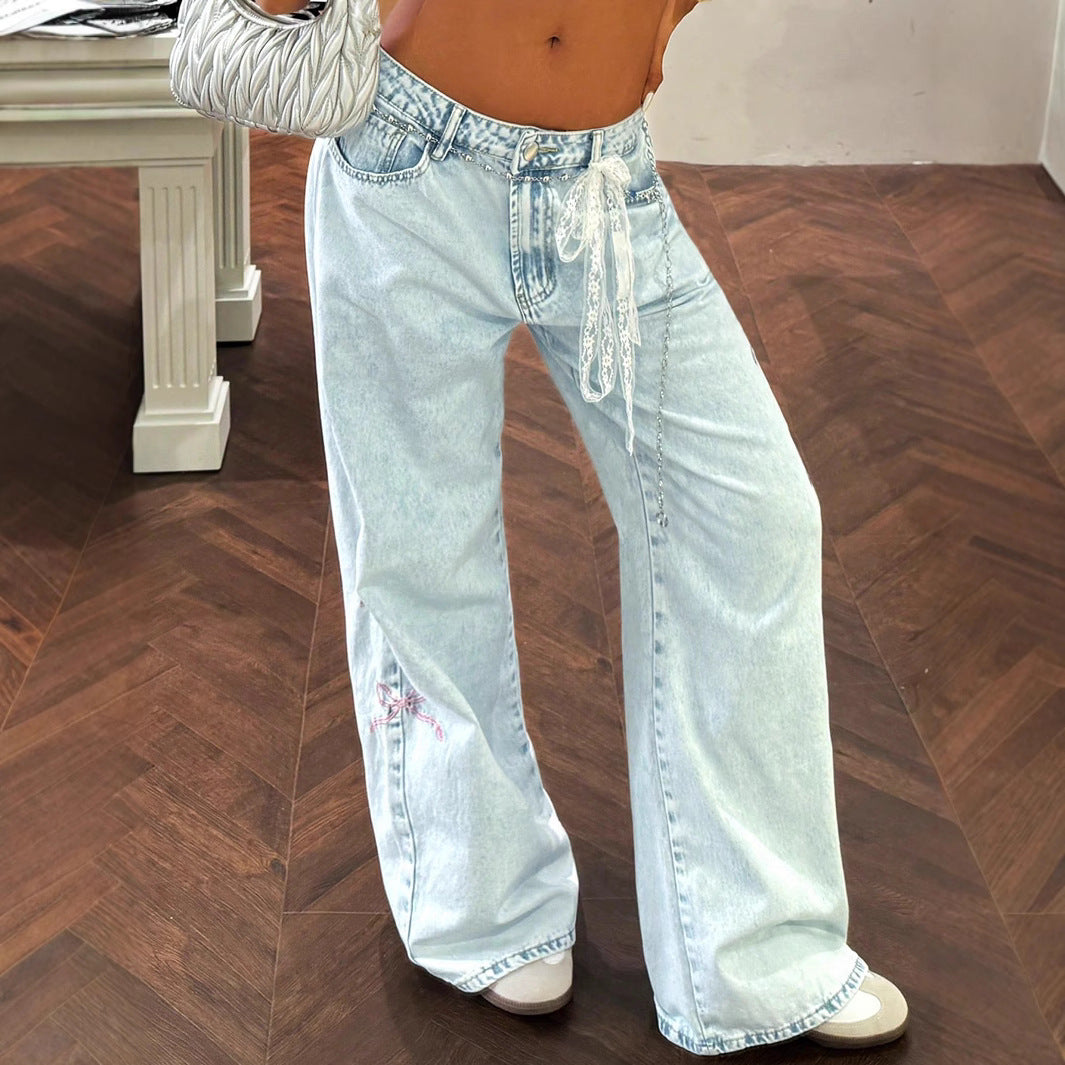 Ladies wide high-waist denim jeans with lace band belt and flared leg Mune Fashion