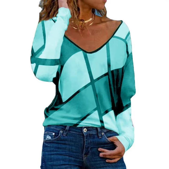 Women's Loose V-Neck Long Sleeve Shirt with Geometric Block Print and Oversized Fit Mune Fashion