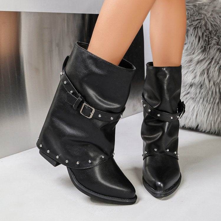 Women's Fashionable Boots with Studs and Belt Details Mune Fashion