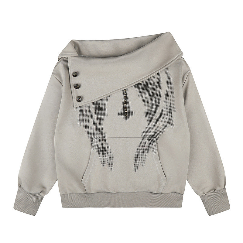 Women Asymmetric Sweatshirt with Wide Collar, Decorative Button Placket and Bead Application Mune Fashion
