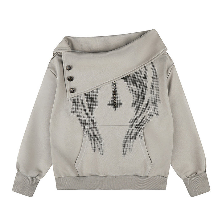 Women Asymmetric Sweatshirt with Wide Collar, Decorative Button Placket and Bead Application Mune Fashion