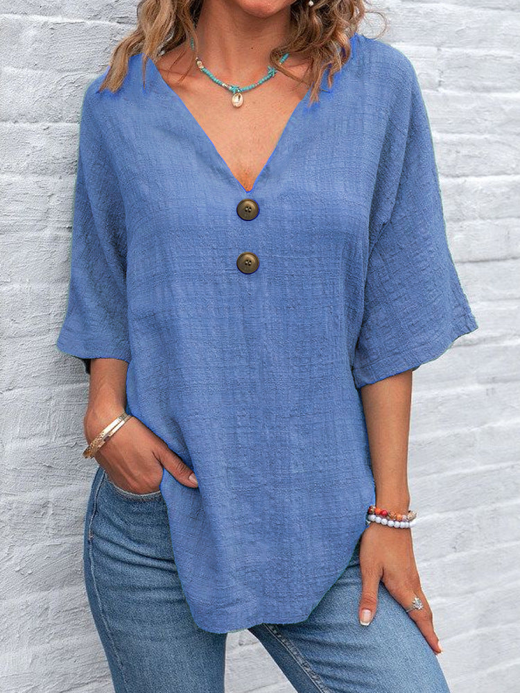 Women V-Neck Blouse with Button Details Mune Fashion