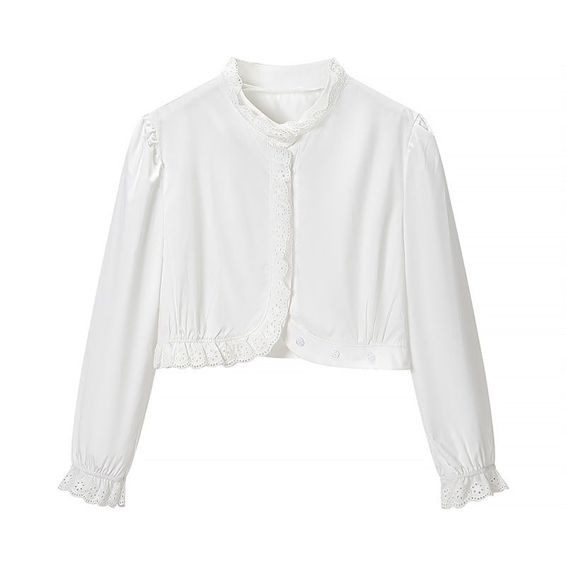 Women's Cropped Lace Bolero Blouse with Stand Collar and Eyelet Embroidery Mune Fashion