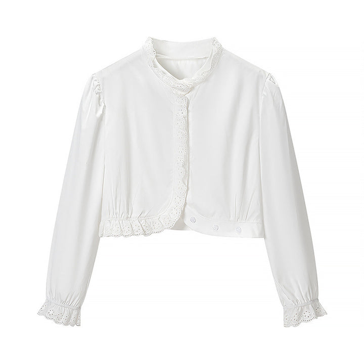 Women's Cropped Lace Bolero Blouse with Stand Collar and Eyelet Embroidery Mune Fashion