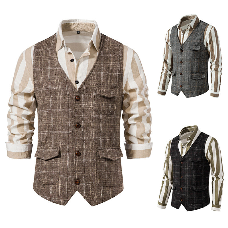 Men's checked wool blend gilet with chest pocket and patch side pockets Mune Fashion