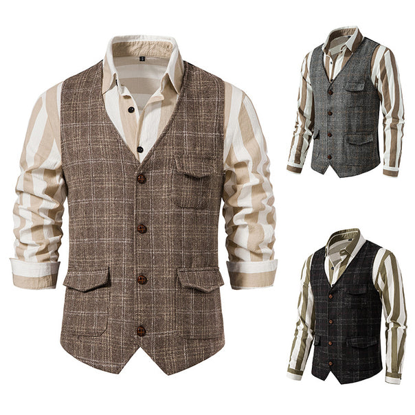 Men's checked wool blend gilet with chest pocket and patch side pockets Mune Fashion
