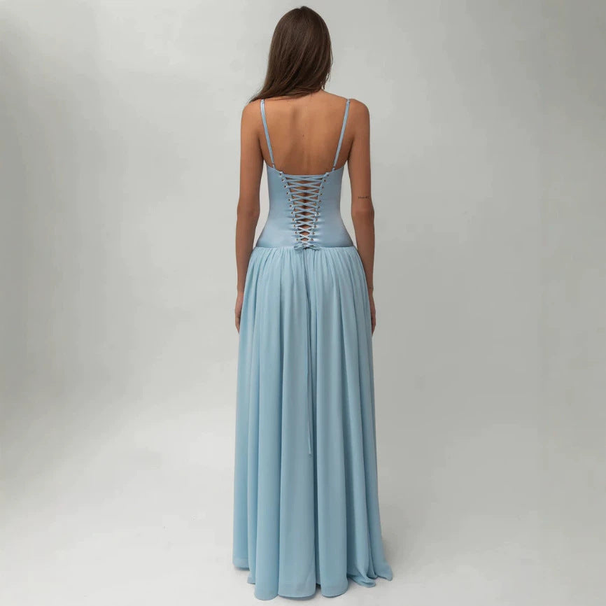 Women’s shaping bustier evening dress with pre-shaped corset construction and wide chiffon flared skirt Mune Fashion