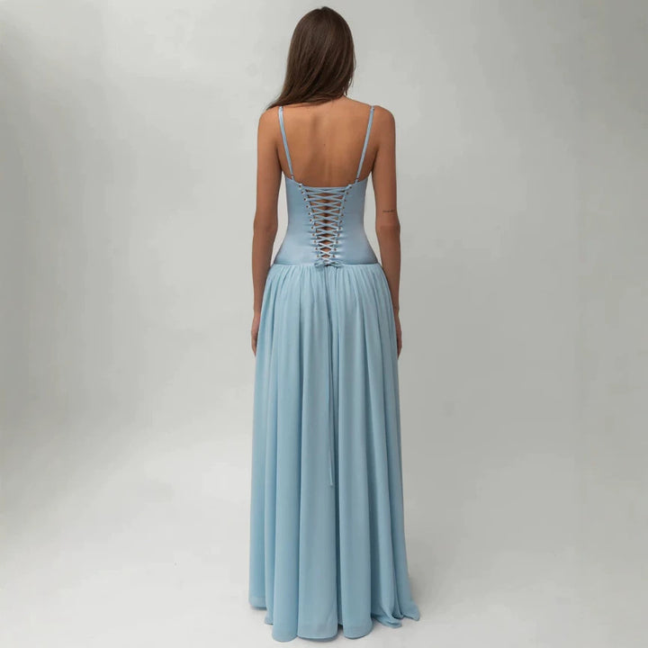 Women’s shaping bustier evening dress with pre-shaped corset construction and wide chiffon flared skirt Mune Fashion