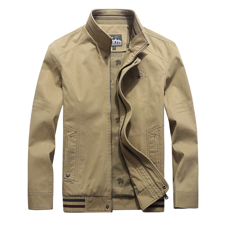 Men's canvas blouson with stand-up collar, camouflage lining and striped ribbed hem Mune Fashion