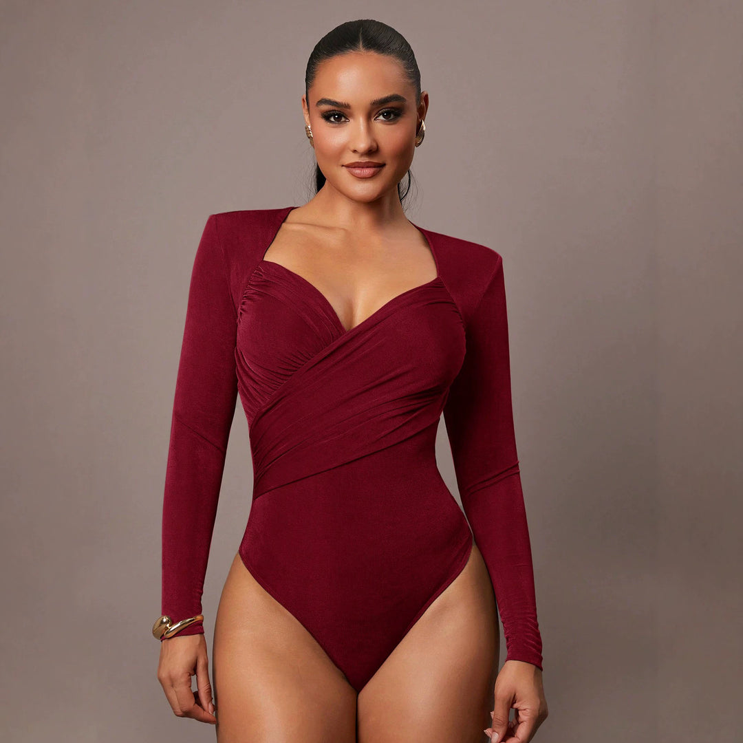 Women's Sculpting Body with Wrap Front, Heart Neckline and Long Sleeves Mune Fashion