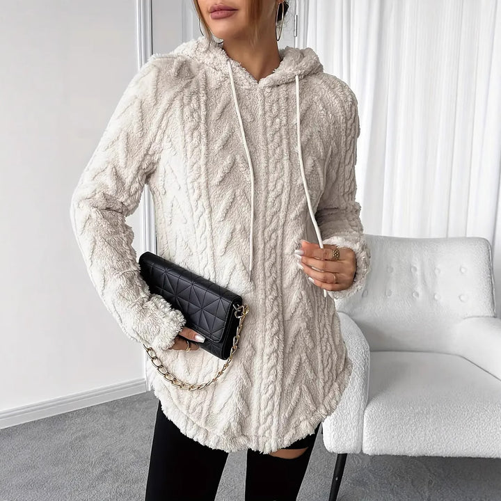 Women's cozy hooded jacket made of teddy fleece with cable pattern and gathered hem Mune Fashion