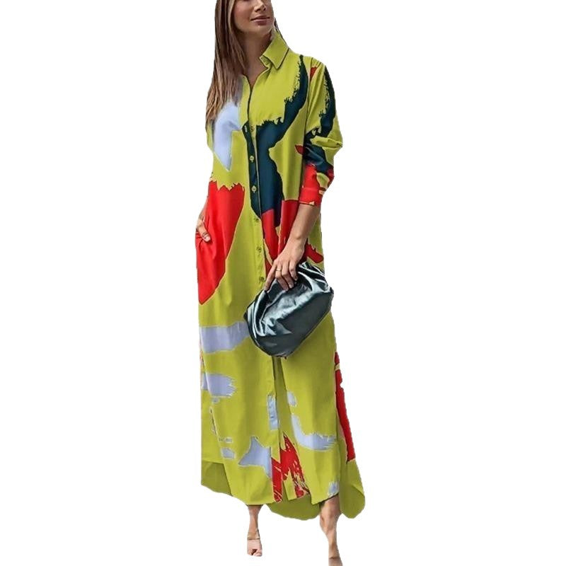 Women's Long Shirt Dress with Abstract Brush Print and Side Pockets Mune Fashion
