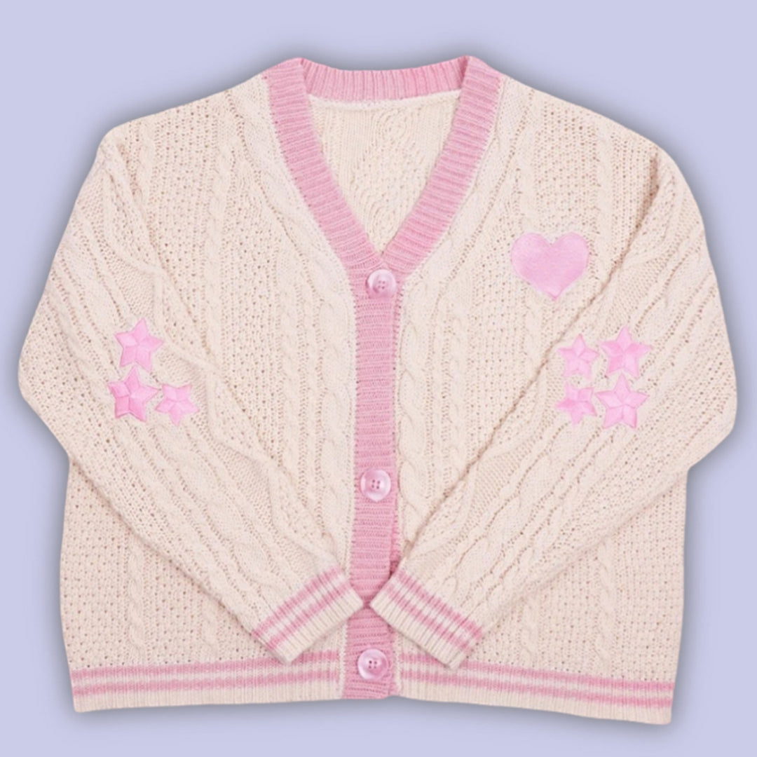 Women knitted cardigan with cable pattern V-neck and heart and star appliqués Mune Fashion